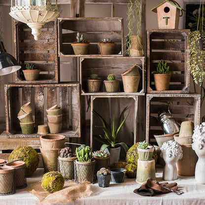Rectangular solid wood crates set with rustic finish and potted succulents, RusticReach on Tampa Home & Garden Store