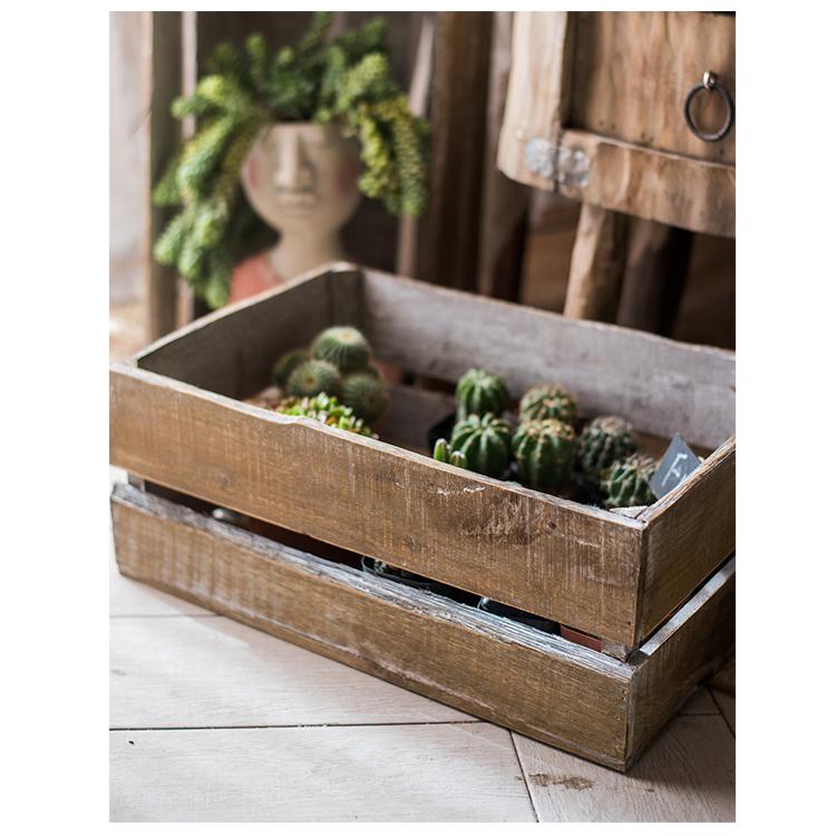 Rectangular solid wood crates RusticReach with a weathered finish holding several small cacti on Tampa Home & Garden Store