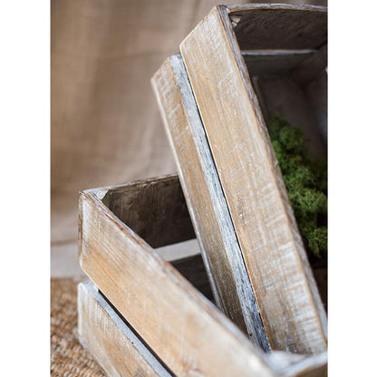 Rectangular solid wood crates by RusticReach, weathered wood with gray-blue trim, stacked on Tampa Home & Garden Store