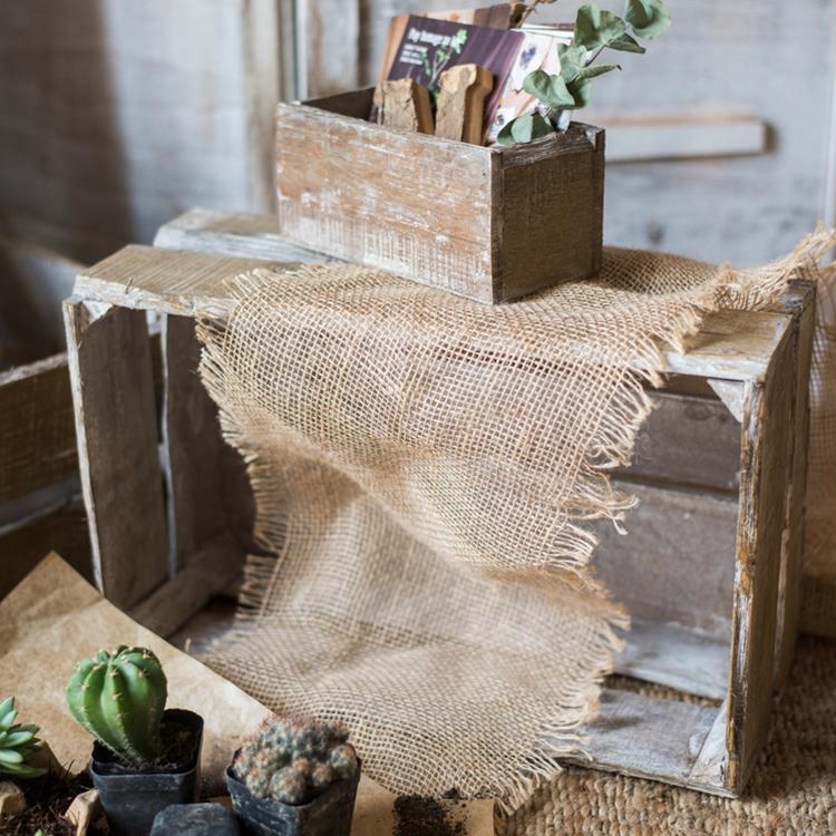 Rectangular solid wood crates RusticReach; weathered, 2 stacked with burlap and plants on Tampa Home & Garden Store