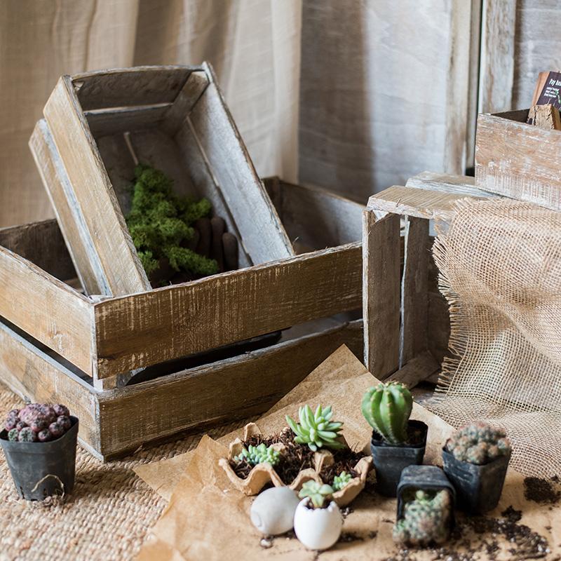 Rectangular solid wood crates by RusticReach in weathered brown with burlap and succulents on Tampa Home & Garden Store