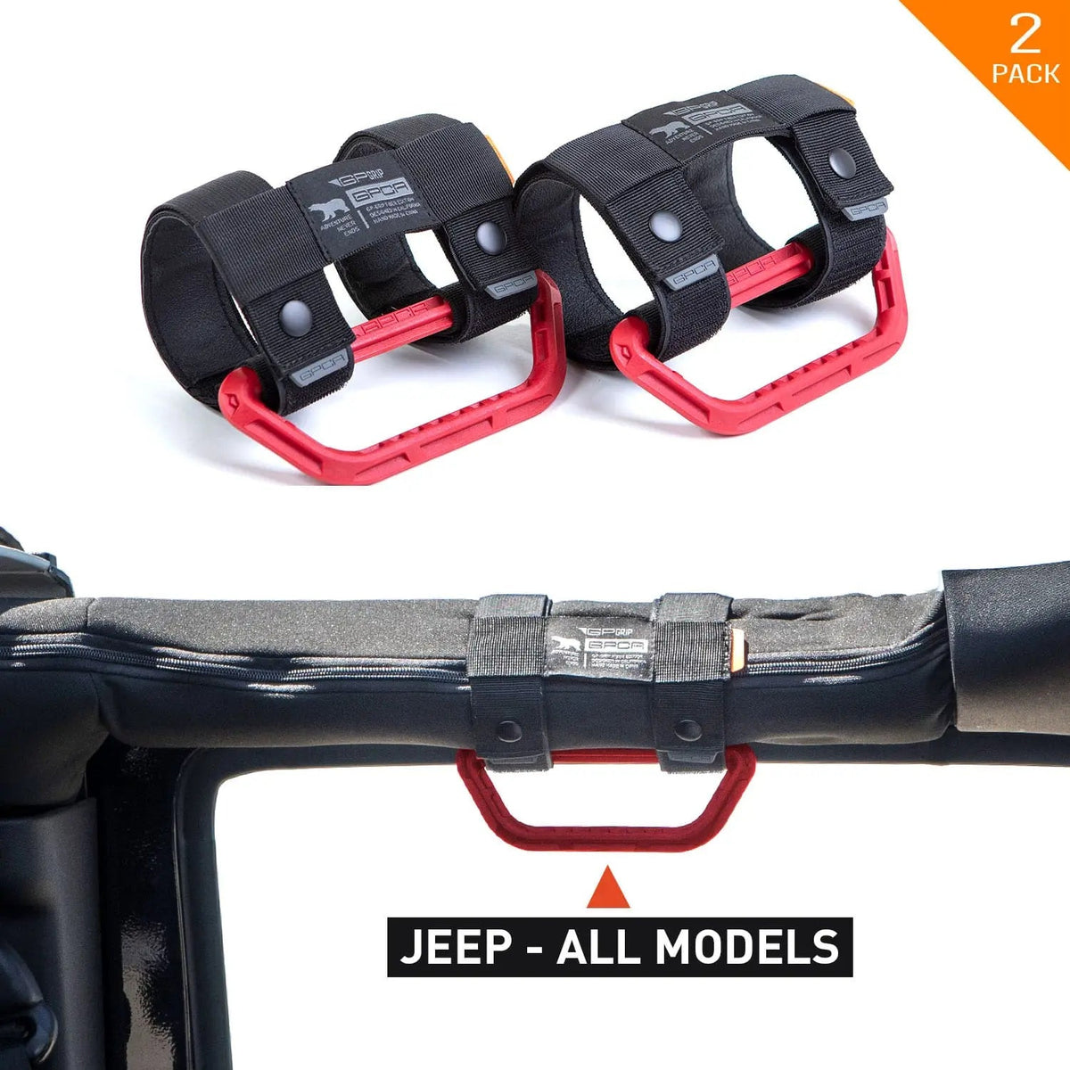 GP-Grip Universal roll-bar clamps, black straps with red handles for Jeep interiors on Tampa Home & Garden Store