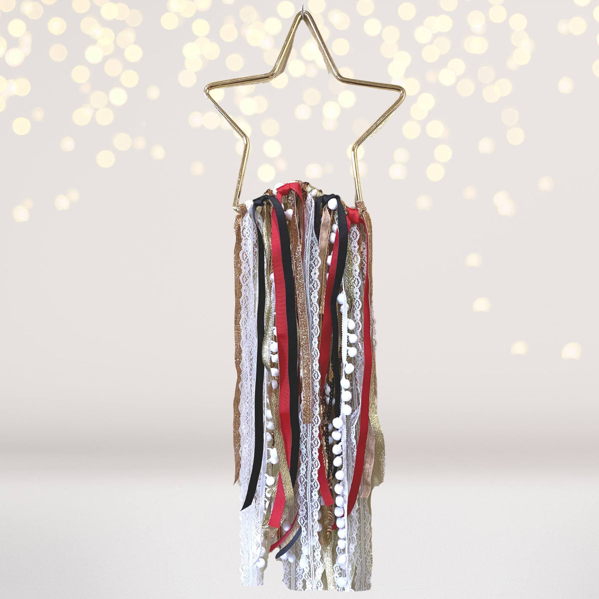 Red & Black Buffalo Plaid Teepee Tent Play Set tassel garland with lace ribbons and pom poms on Tampa Home & Garden Store