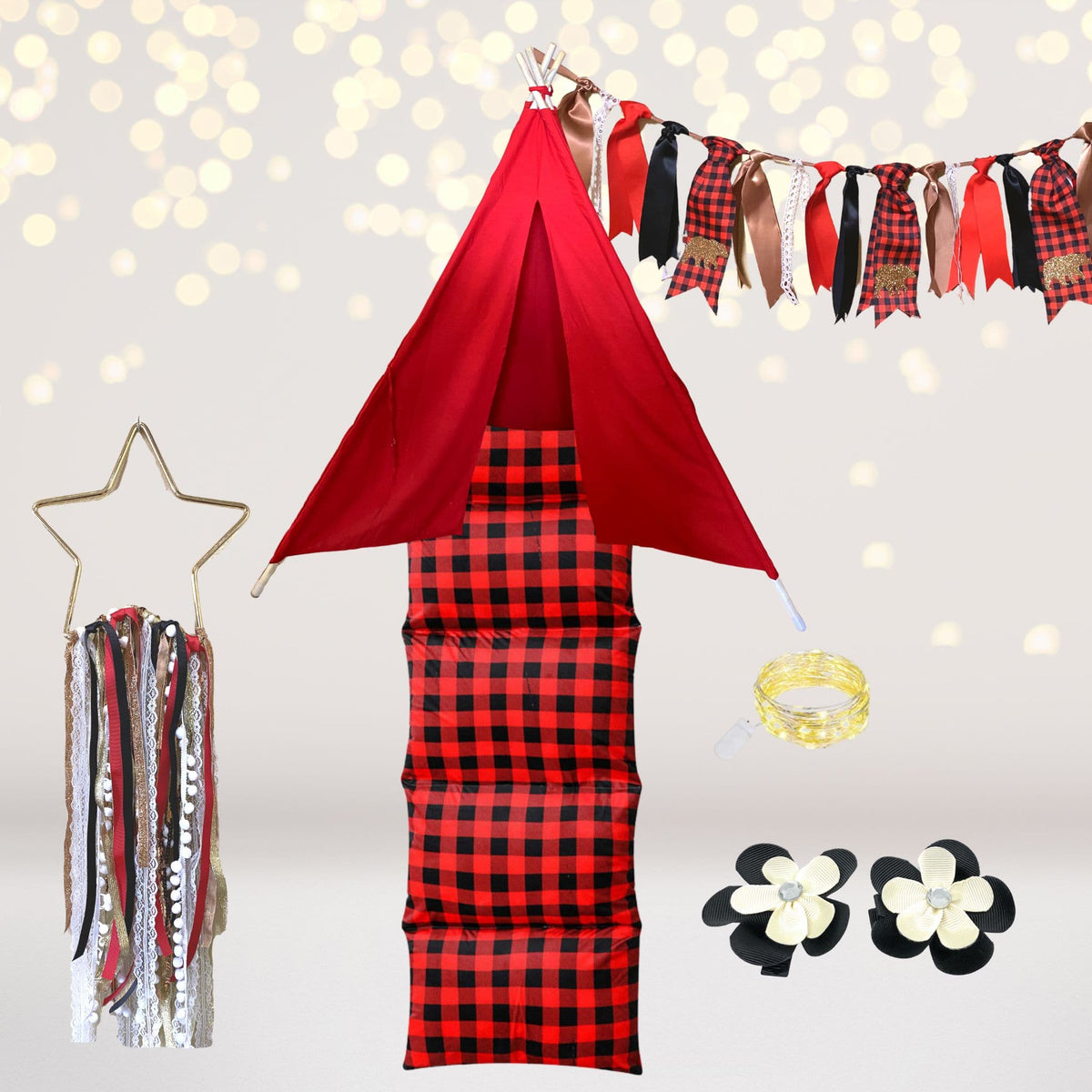 Red & Black Buffalo Plaid Teepee Tent for pretend play with festive ribbon garlands on Tampa Home & Garden Store