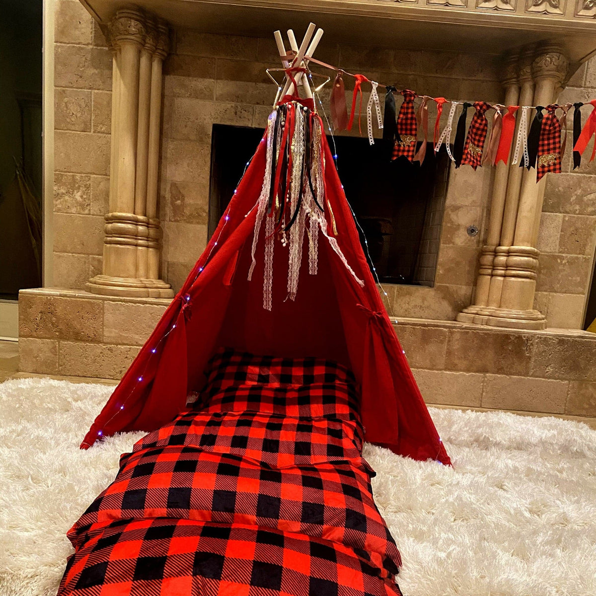 Red & black buffalo plaid teepee tent play set for pretend play with lace trim and lights on Tampa Home & Garden Store