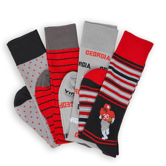 DeadSoxy Red and Black Dress Socks 4-Pack in team colorways with striped and polka-dot patterns on Tampa Home & Garden Store