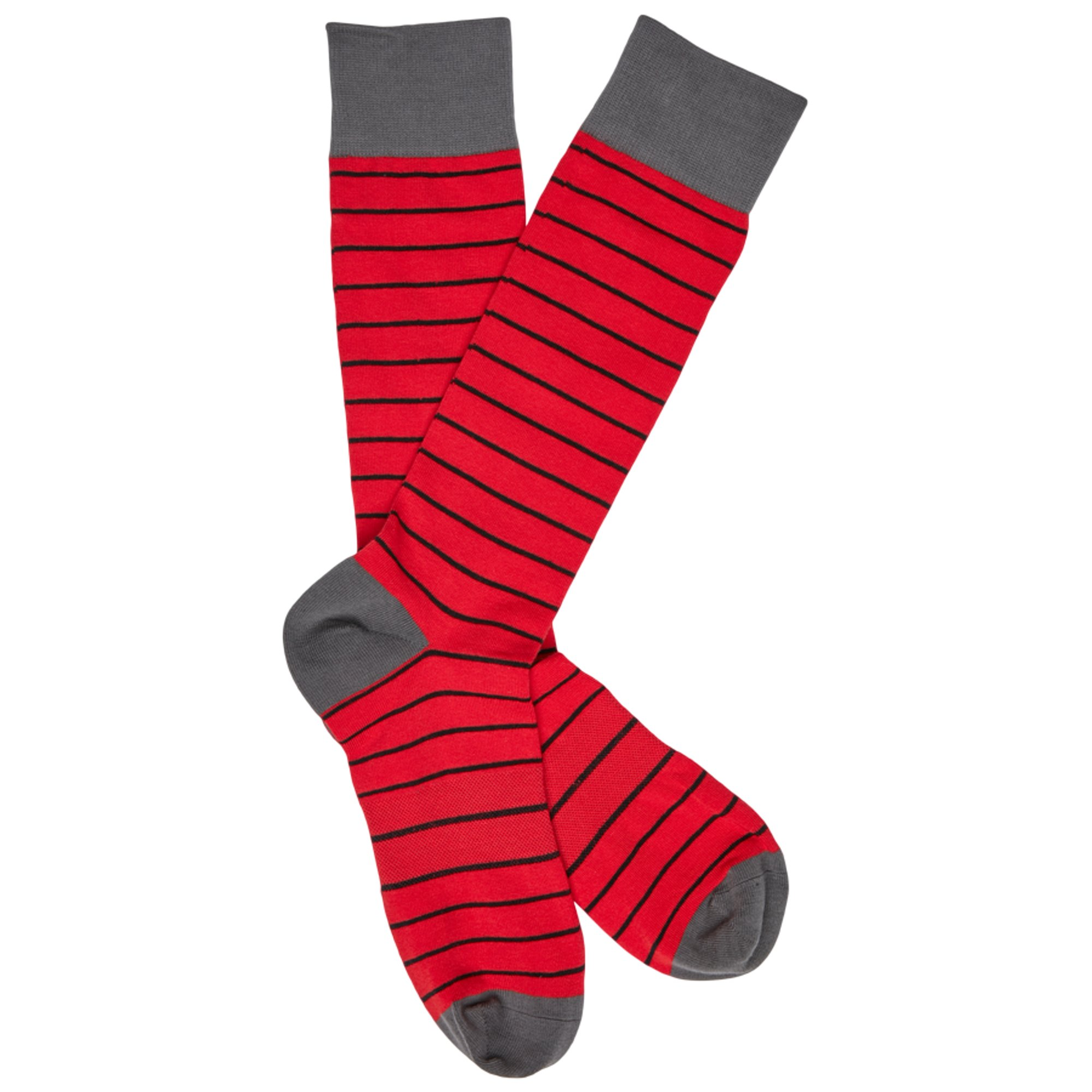 Two red and black striped DeadSoxy dress socks with grey cuffs and toes on Tampa Home & Garden Store