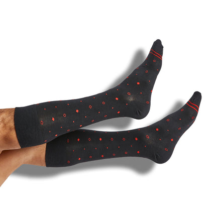 DeadSoxy red/black dress socks, 4 pack, team colorways with red dots and striped cuffs on Tampa Home & Garden Store