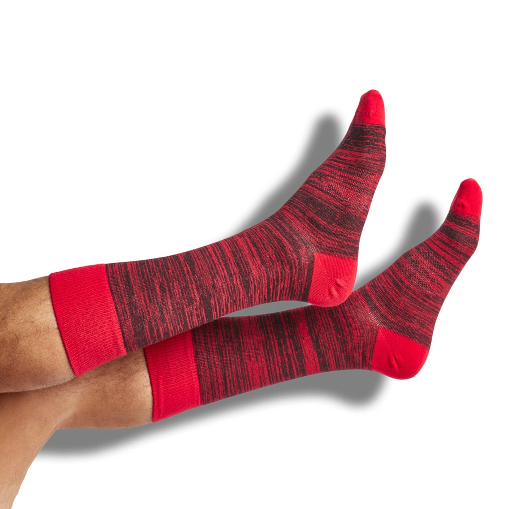 DeadSoxy Red/Black Dress Socks team colorways knit pattern pair shown on legs on Tampa Home & Garden Store