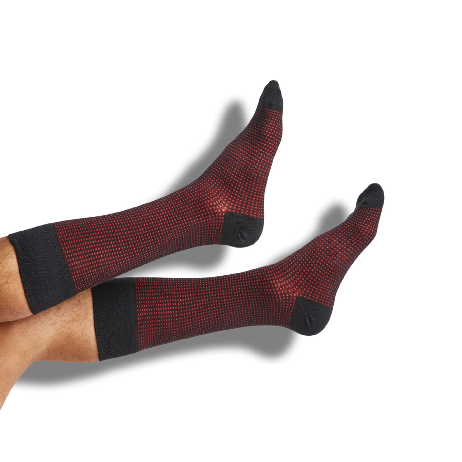 DeadSoxy Red/Black Dress Socks 4-Pack, team colorways dotted pattern on feet on Tampa Home & Garden Store