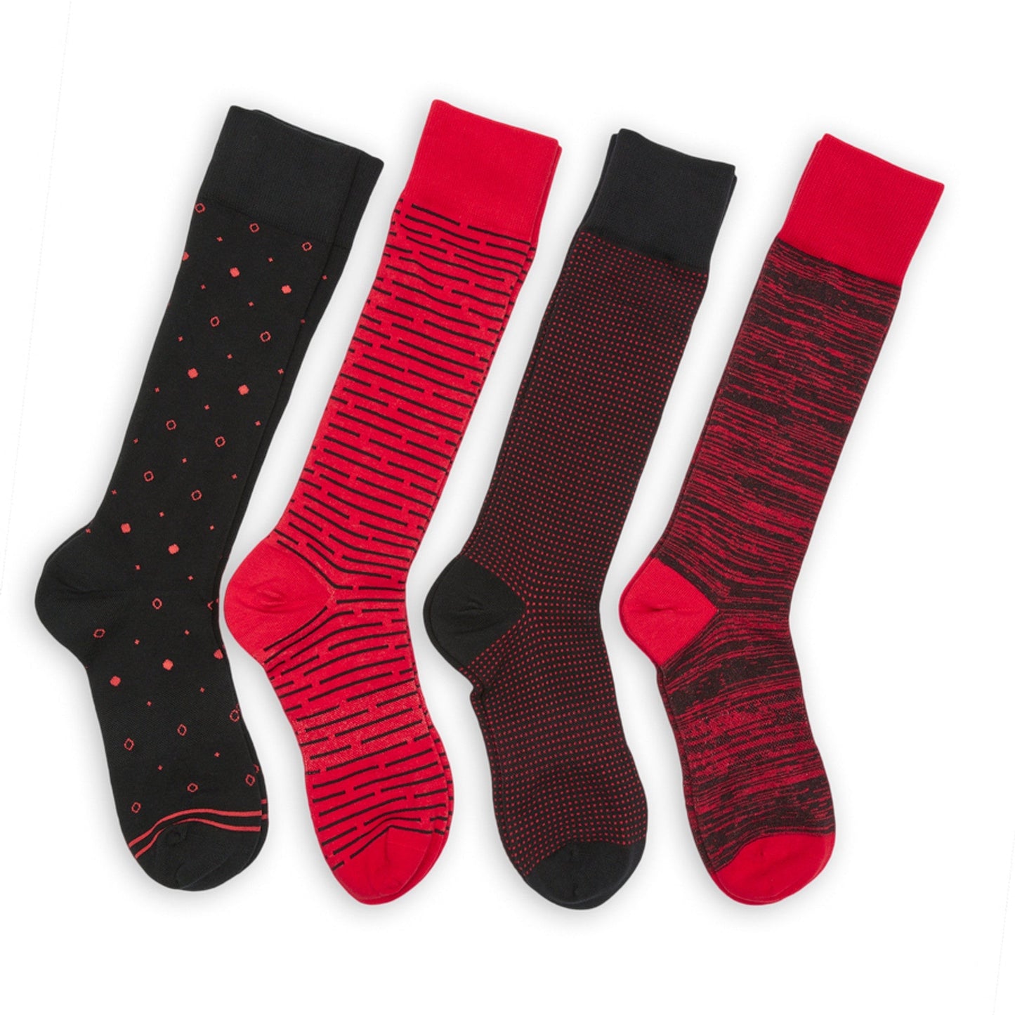 DeadSoxy Red/Black Dress Socks 4-Pack, four pairs with dotted striped and marbled patterns on Tampa Home & Garden Store