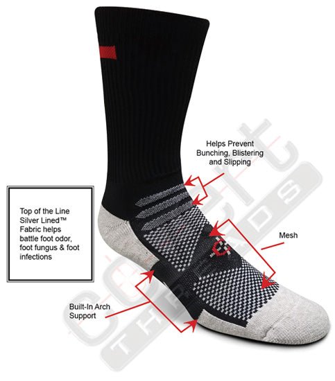 Covert Threads Red Line Crew Sock black crew sock with gray toe/heel, mesh, arch support on Tampa Home & Garden Store