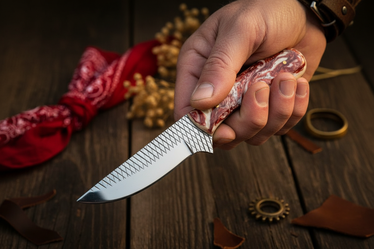 Custom Cowboy Knife with rasp tool steel blade and marbled epoxy resin handle on Tampa Home & Garden Store