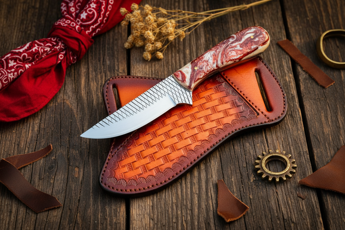 Custom Cowboy Knife with rasp tool steel blade and marbled epoxy resin handle, 8-inch on Tampa Home & Garden Store