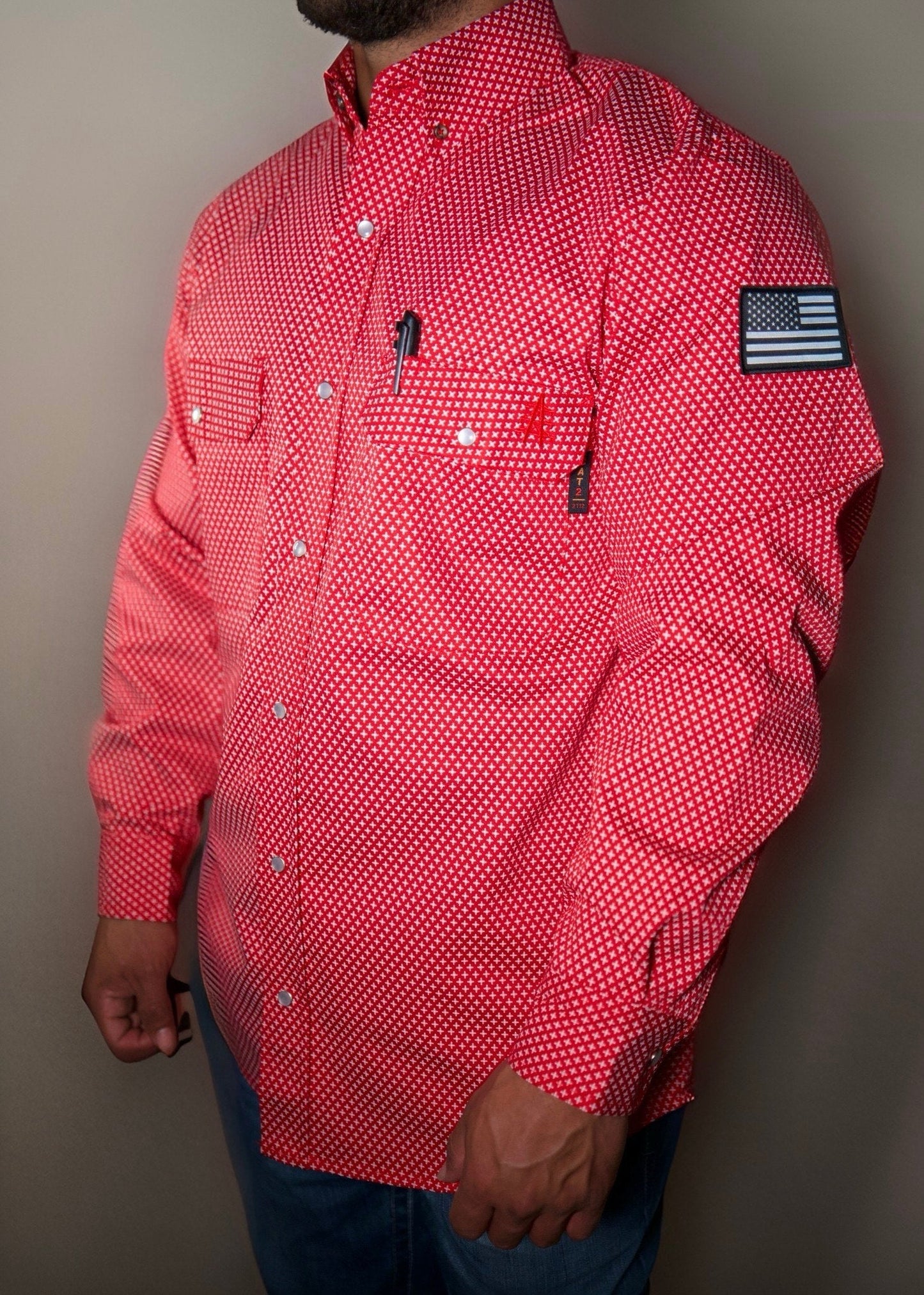 FR Pearl Snap Work shirt Alpha Red with U.S. flag patch, red dotted pattern, pen in chest pocket on Tampa Home & Garden Store