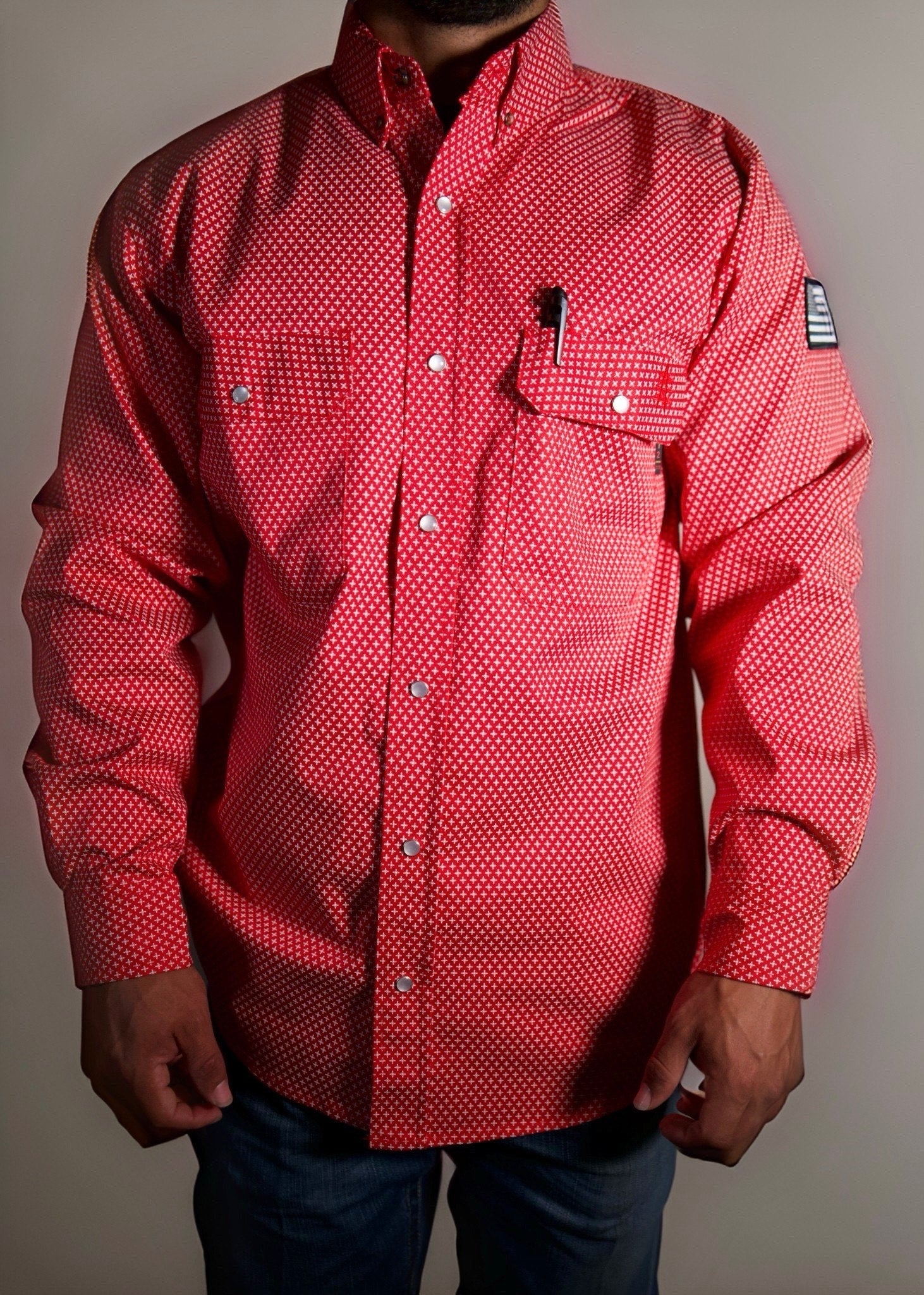 Static FR Pearl Snap Work shirt Alpha Red with U.S. Flag patch, chest pockets on Tampa Home & Garden Store