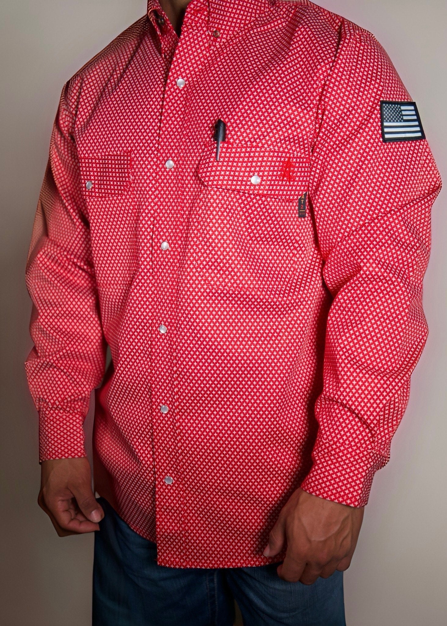 FR Pearl Snap Work shirt Alpha Red with U.S. flag patch, work shirt by Static FR on Tampa Home & Garden Store