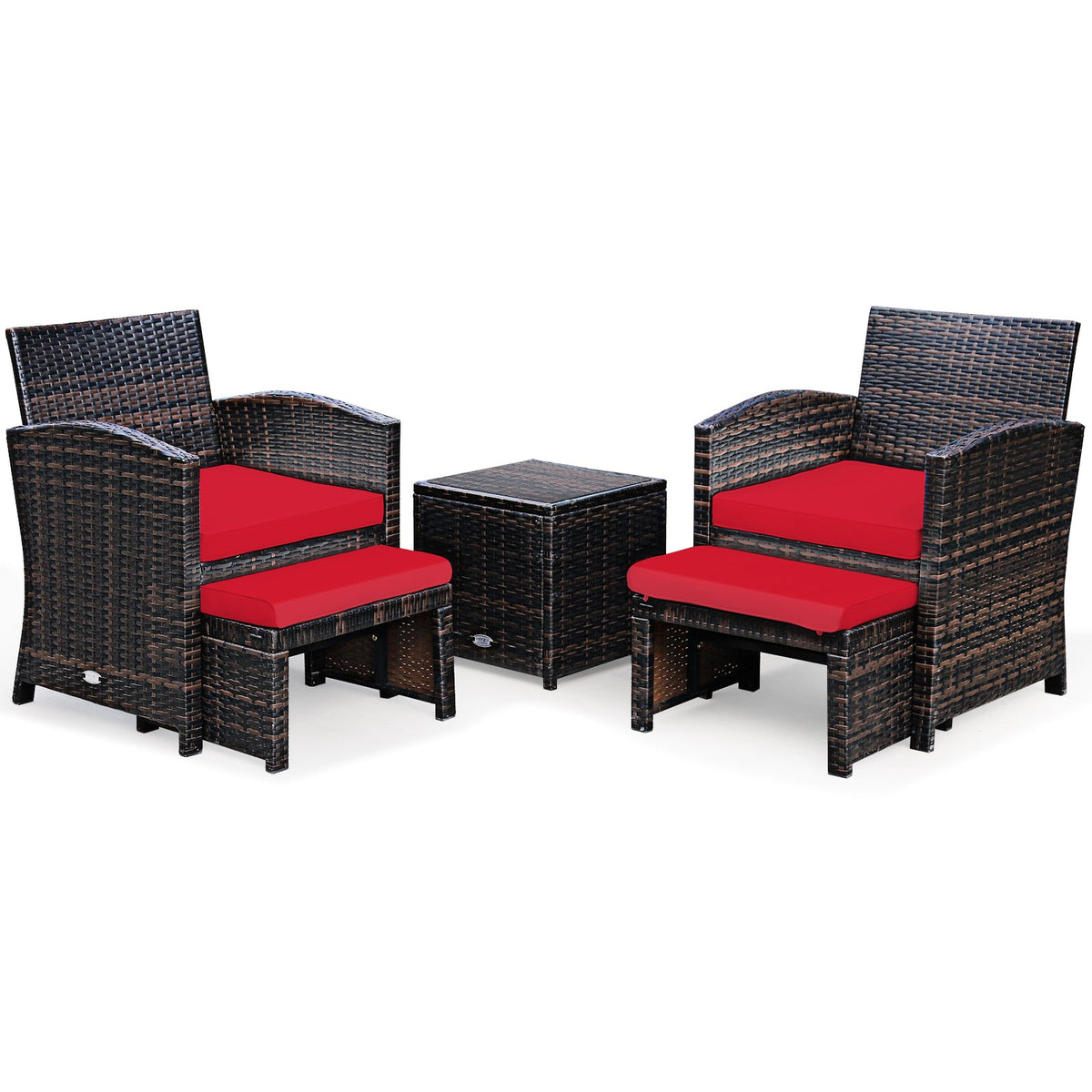 5-Piece patio brown rattan set with ottoman and tempered glass coffee table red cushions on Tampa Home & Garden Store