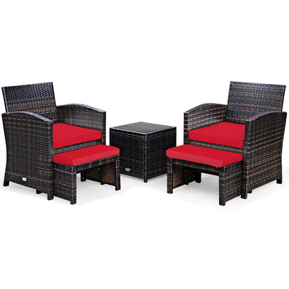 5-Piece patio brown rattan set with ottoman and tempered glass coffee table red cushions on Tampa Home & Garden Store