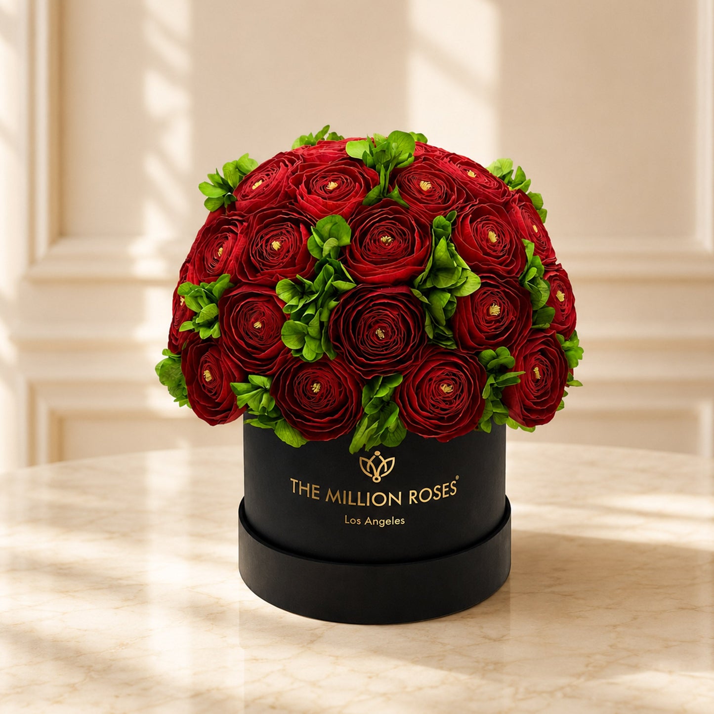 Classic Black Box red Persian buttercups with hydrangea accents in a The Million Roses box on Tampa Home & Garden Store