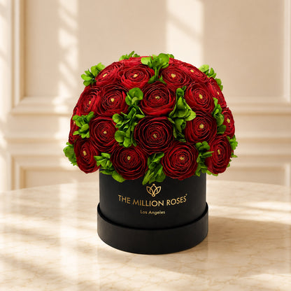 Classic Black Box red Persian buttercups with hydrangea accents in a The Million Roses box on Tampa Home & Garden Store