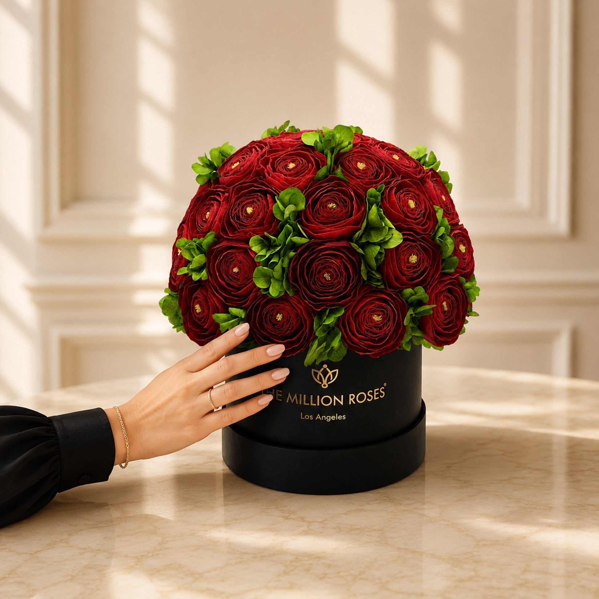 Classic Black Box red rose bouquet with lush green foliage by The Million Roses on Tampa Home & Garden Store