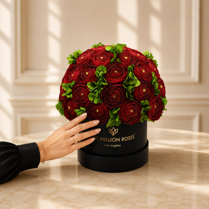 Classic Black Box red rose bouquet with lush green foliage by The Million Roses on Tampa Home & Garden Store