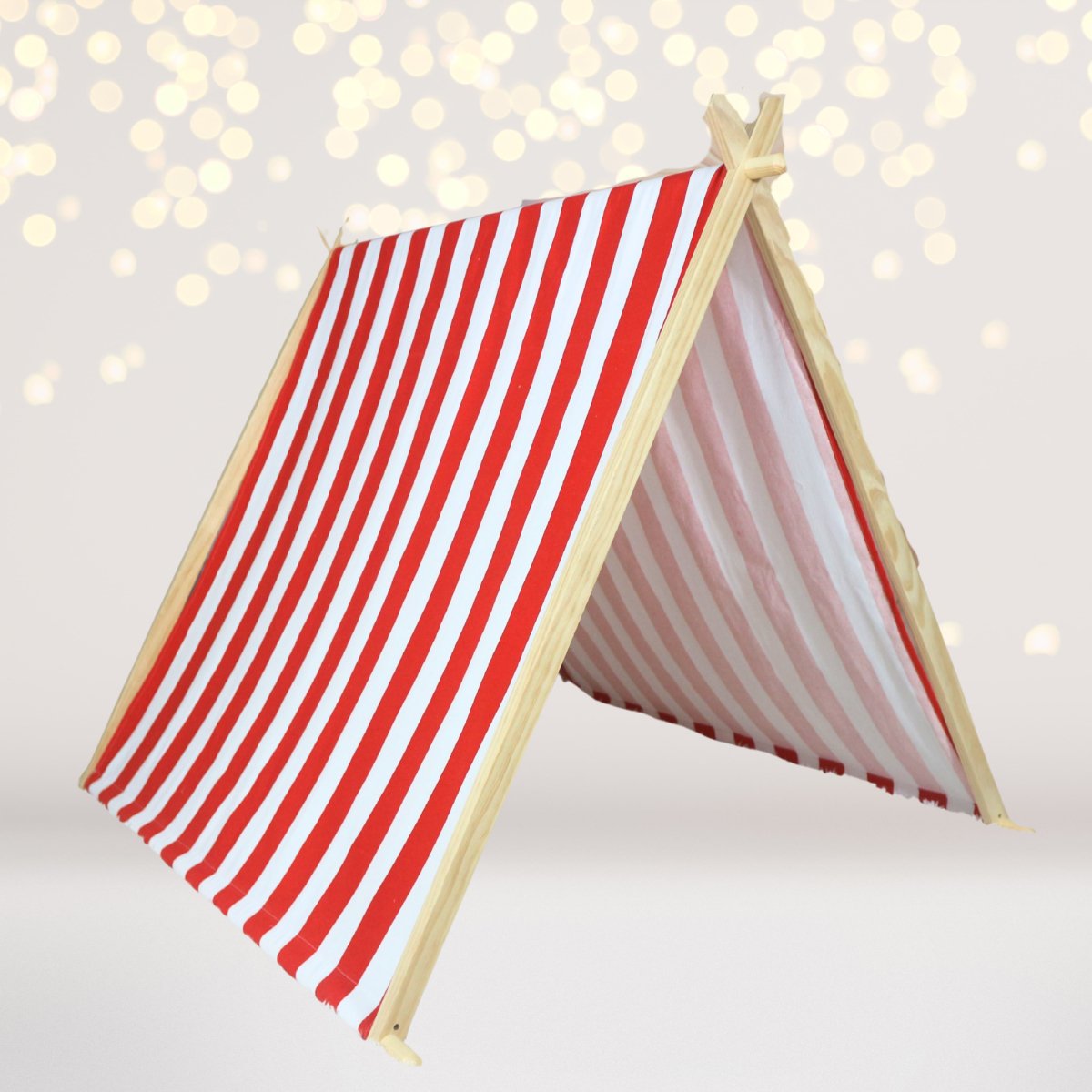 Kids A-Frame Sleepover Tent with Lights, red white striped canvas, wooden frame on Tampa Home & Garden Store