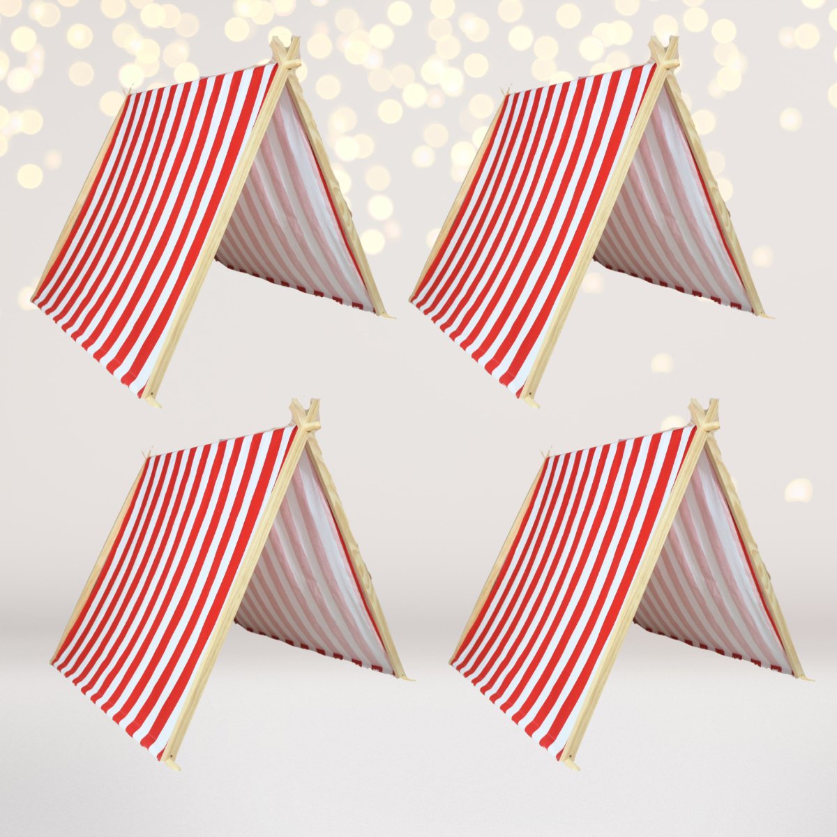 Kids A-Frame Sleepover Tents with Lights, 4-pack in red striped fabric with wooden frames on Tampa Home & Garden Store