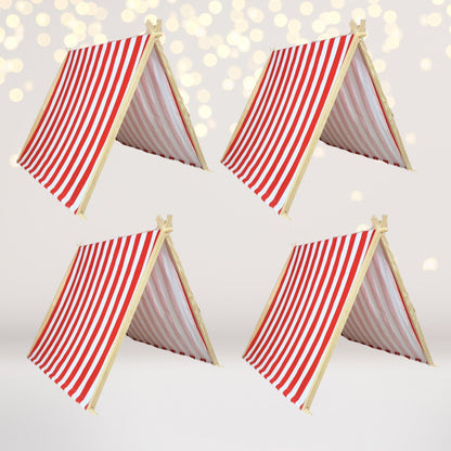 Kids A-Frame Sleepover Tents with Lights, 4-pack in red striped fabric with wooden frames on Tampa Home & Garden Store