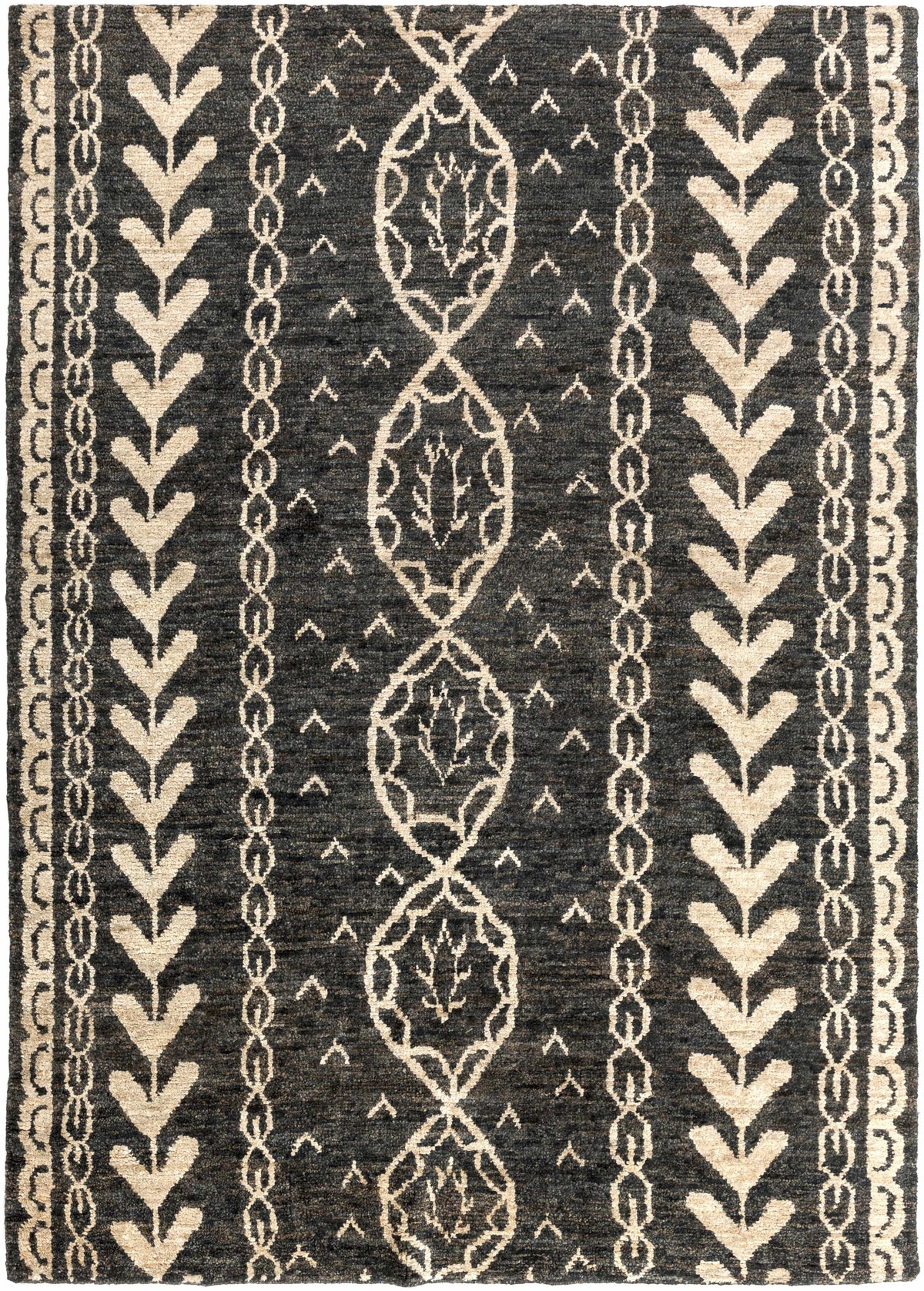 Redondo Premium Hand Knotted Jute Rug in charcoal with ivory geometric medallion and borders on Tampa Home & Garden Store