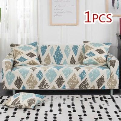 Slipcover sofa by Stevvex; one-piece elastic cover in blue beige diamond pattern on Tampa Home & Garden Store