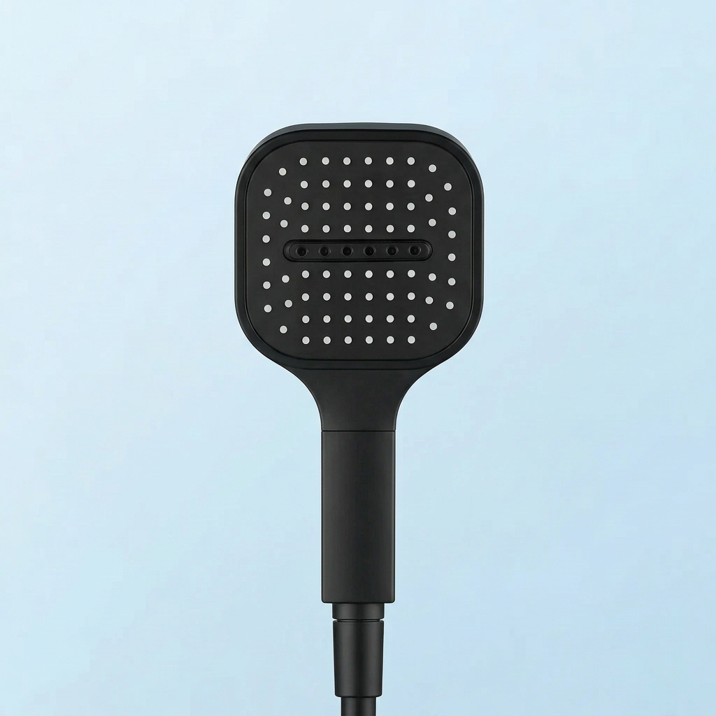 High pressure filtered handheld shower head, black head with white nozzles and slim handle on Tampa Home & Garden Store