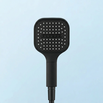 High pressure filtered handheld shower head, black head with white nozzles and slim handle on Tampa Home & Garden Store