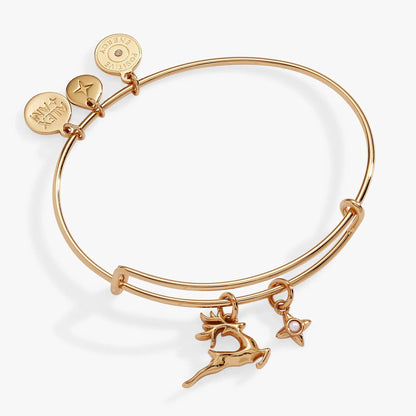 Holiday Reindeer Bangle by ALEX AND ANI, rose gold bracelet with 3 discs and reindeer charm on Tampa Home & Garden Store