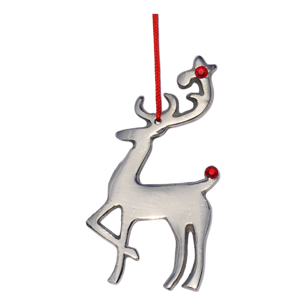 Vibhsa reindeer ornament, silver-tone metal with red eye and red hanging cord on Tampa Home & Garden Store
