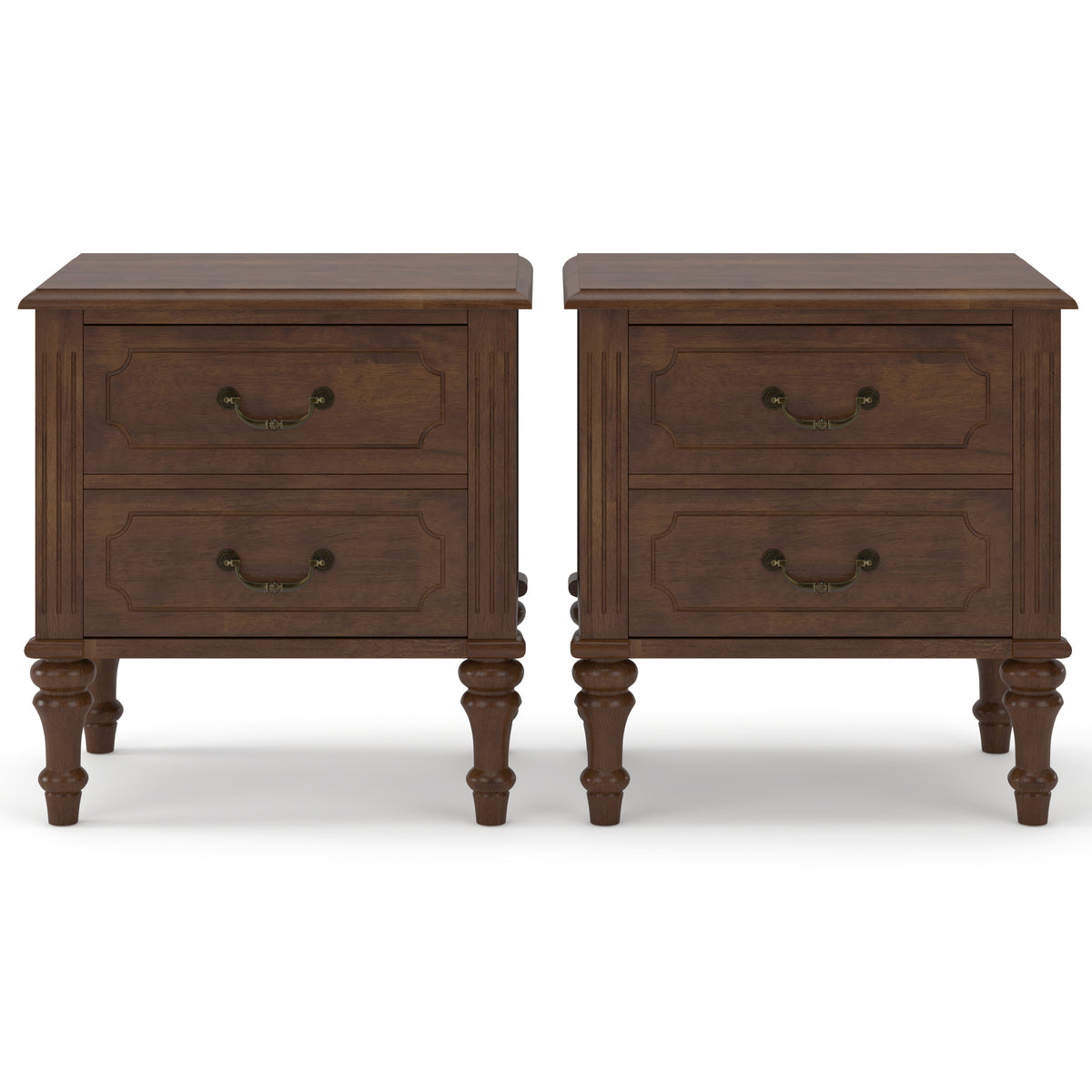 Farmhouse walnut nightstands pair with 2-drawer solid wood construction and brass handles on Tampa Home & Garden Store