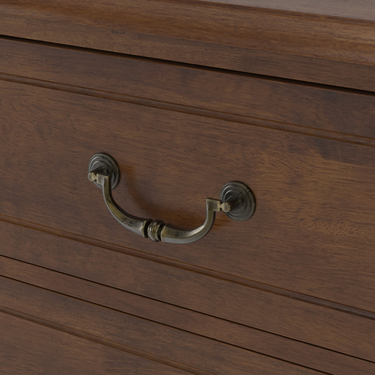 Walnut farmhouse nightstand with 2 drawers; brass curved pulls on wood surface on Tampa Home & Garden Store