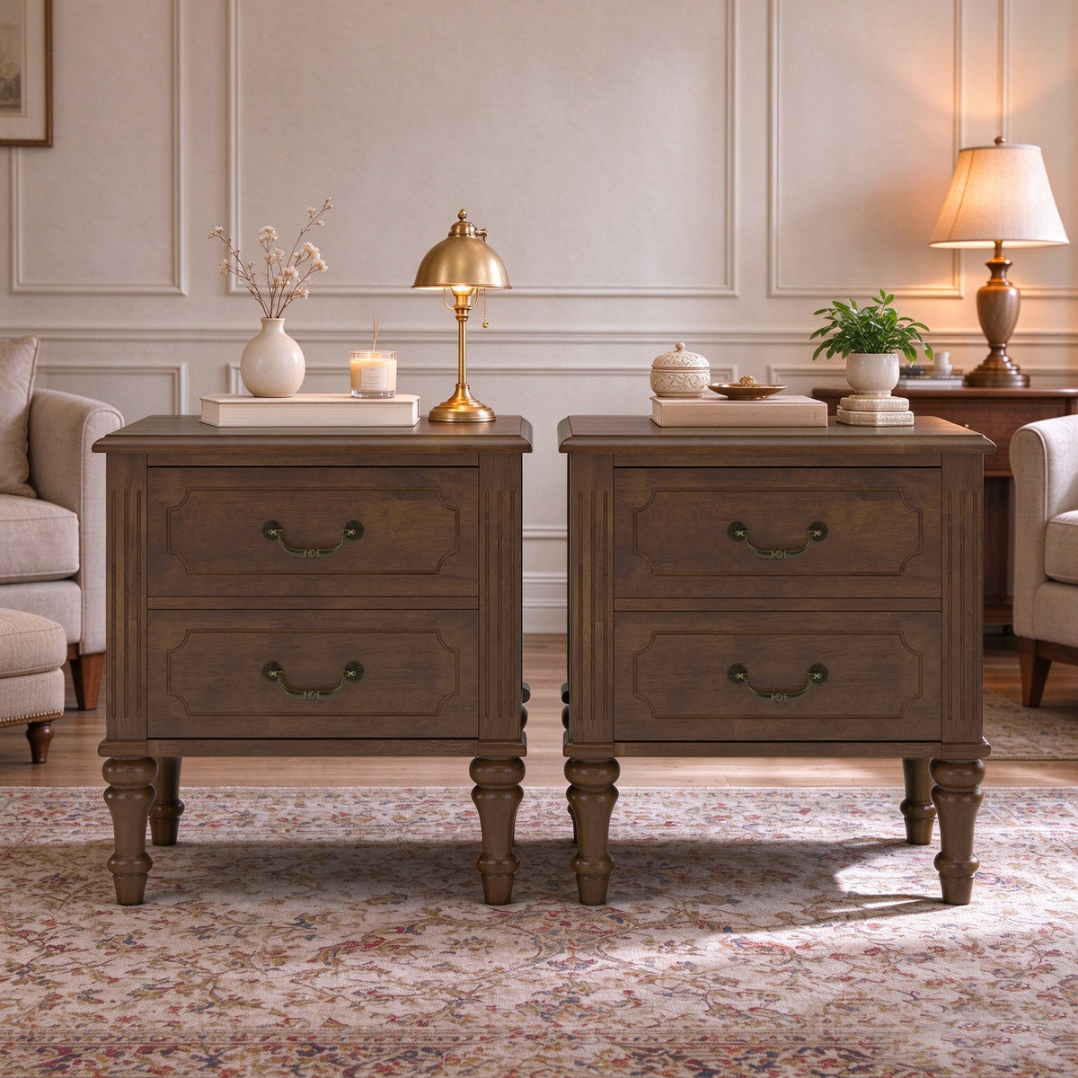 Pair of farmhouse walnut nightstands with 2 drawers, solid wood, HouseOfZazla on Tampa Home & Garden Store
