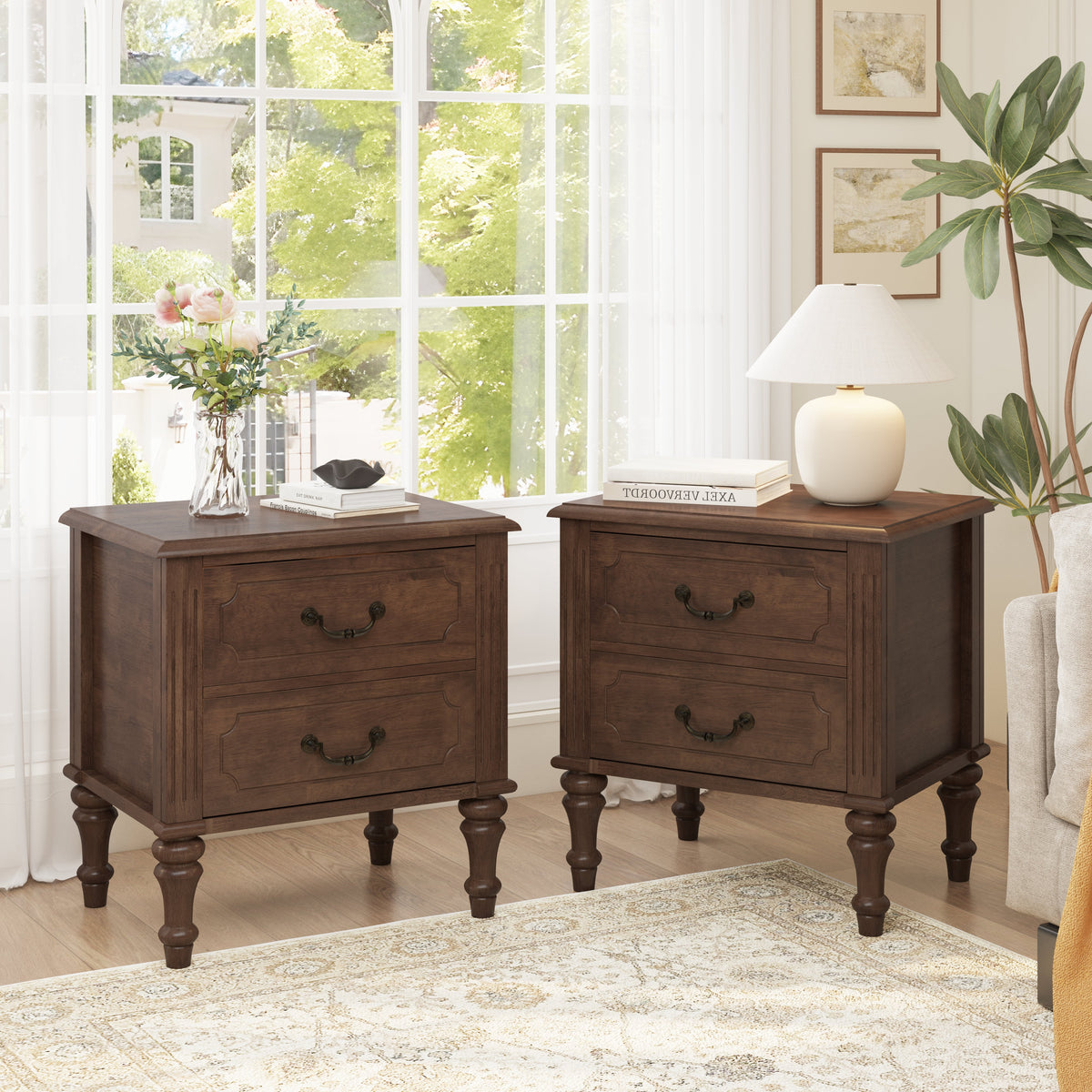 Pair of farmhouse walnut nightstands with two drawers in solid wood and carved panel details on Tampa Home & Garden Store