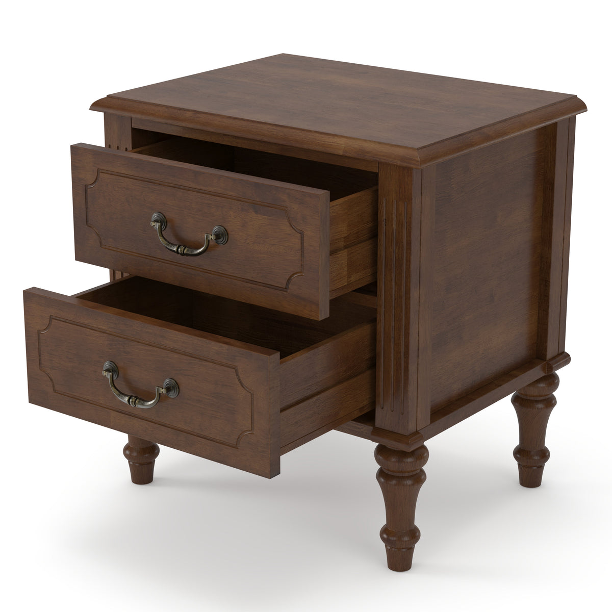 Farmhouse 2-drawer walnut nightstand with curved fronts, brass handles, turned legs on Tampa Home & Garden Store