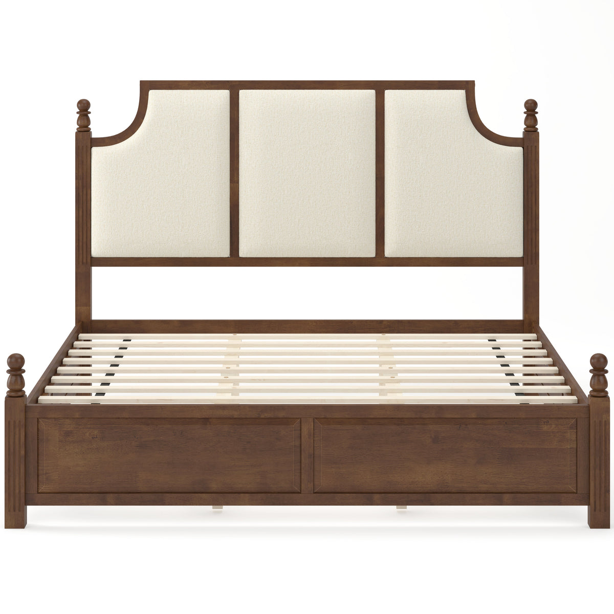 King size walnut solid wood platform bed frame with three-panel upholstered headboard on Tampa Home & Garden Store
