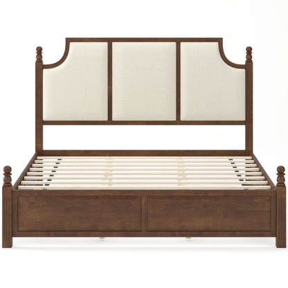 King size walnut solid wood platform bed frame with three-panel upholstered headboard on Tampa Home & Garden Store