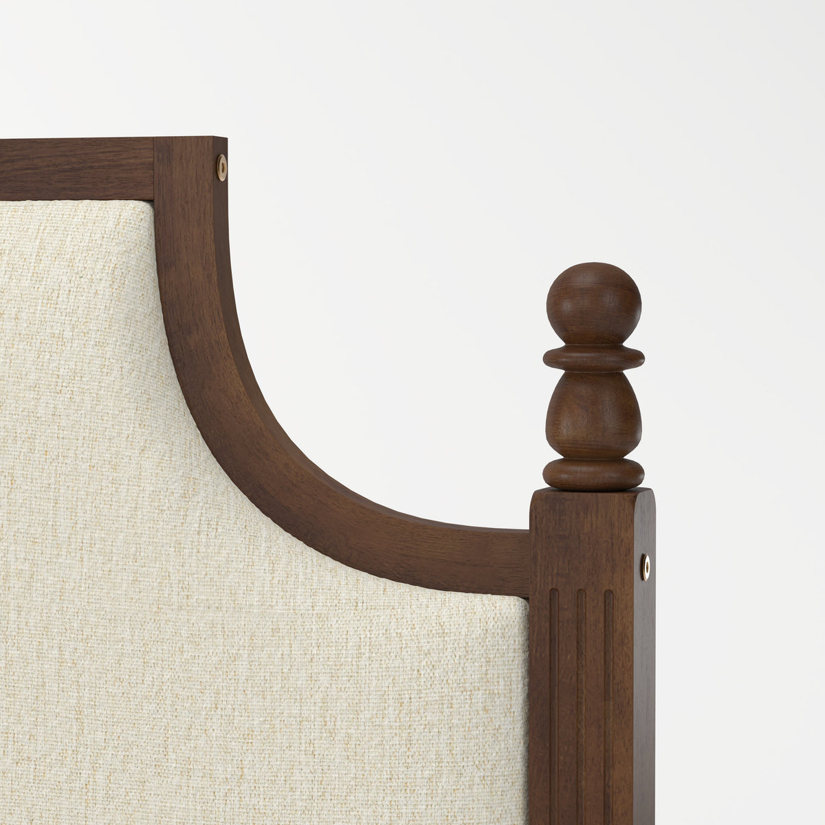 King Size Farmhouse solid wood bed Walnut with curved rails and beige upholstery on Tampa Home & Garden Store