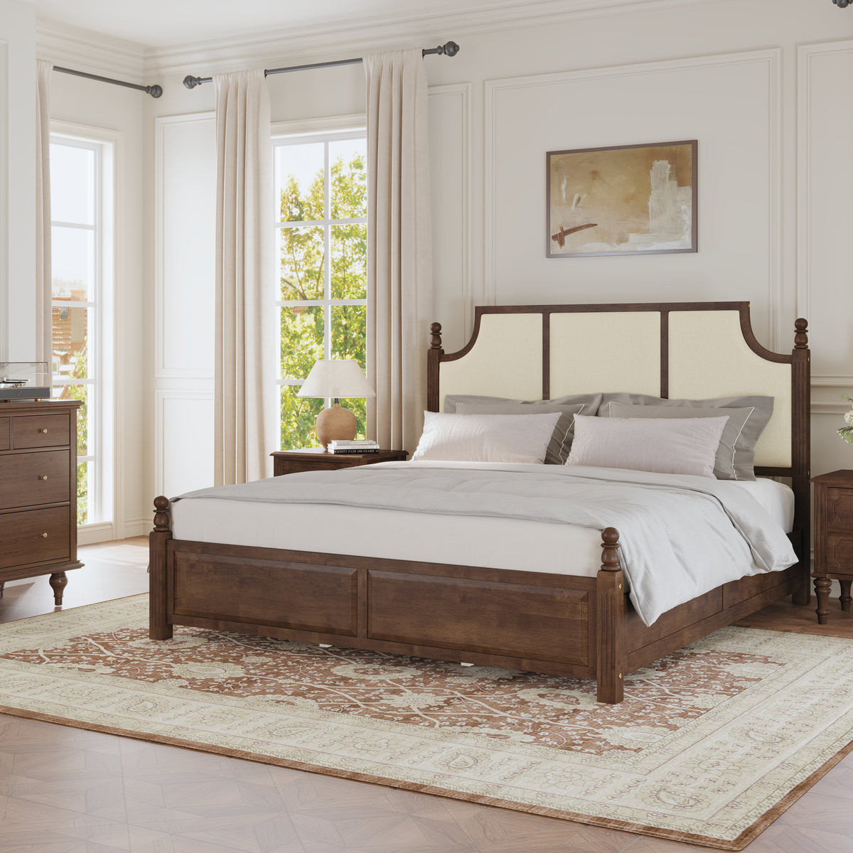 King Size farmhouse solid wood platform bed frame with a 50.8-inch tall walnut headboard on Tampa Home & Garden Store