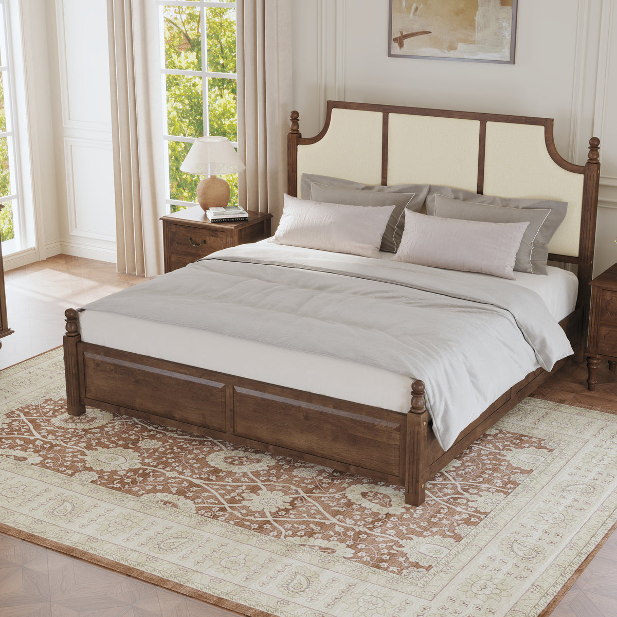 King size farmhouse solid wood platform bed with walnut headboard, dark finish HouseOfZazla on Tampa Home & Garden Store
