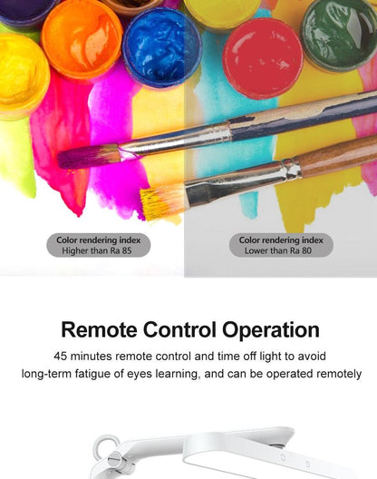 Stevvex white LED desk lamp with remote control; paint pots and brushes visible in background on Tampa Home & Garden Store