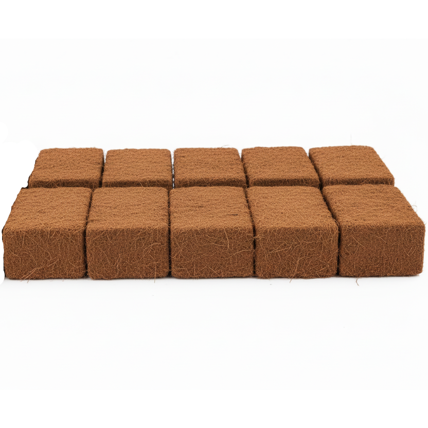 Grid of 10  brown coconut coir blocks on a white background
