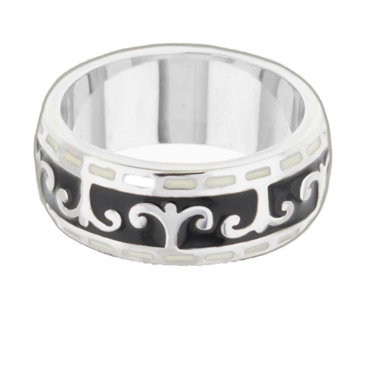 Renaissance Scroll and Rhodium Enamel Ring Band