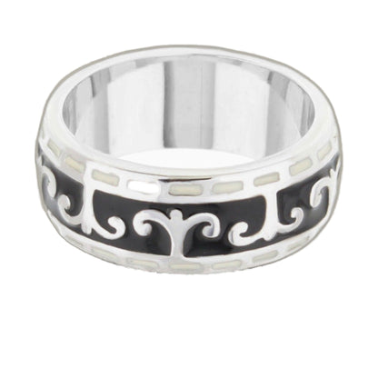 Renaissance Scroll and Rhodium Enamel Ring Band
